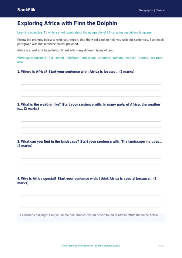 Free Africa Writing Frame | Year 4 Supported | BookFlik worksheet preview — Geography Africa