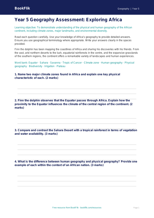 Free Africa Assessment | Year 5 Greater Depth | BookFlik worksheet preview — Geography Africa