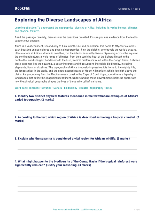 Free Africa Comprehension | Year 5 Greater Depth | BookFlik worksheet preview — Geography Africa