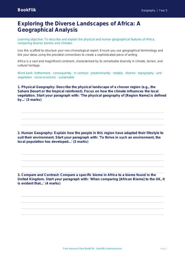 Free Africa Writing Frame | Year 5 Greater Depth | BookFlik worksheet preview — Geography Africa