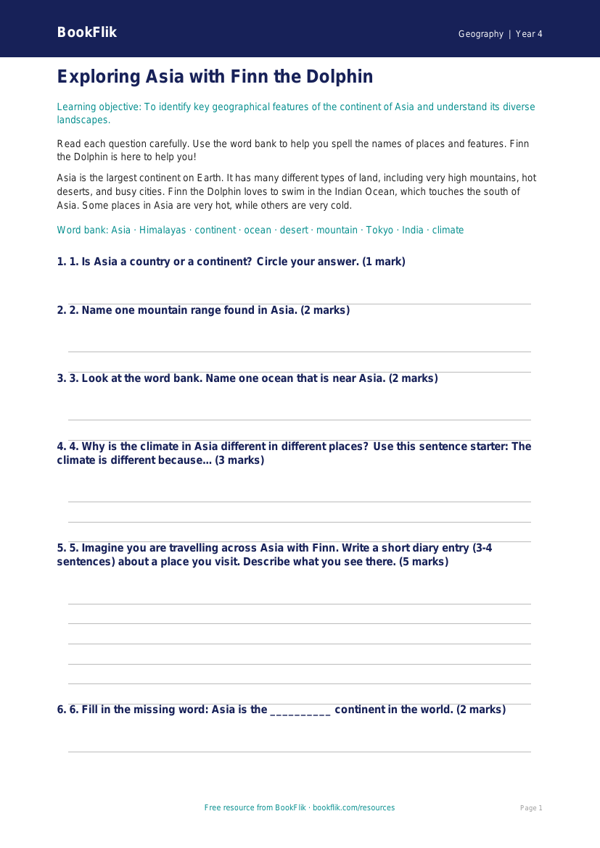 Free Asia Assessment | Year 4 Supported | BookFlik worksheet preview — Geography Asia