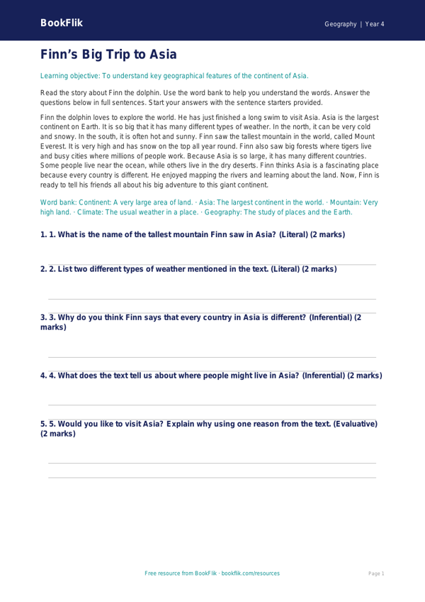 Free Asia Comprehension | Year 4 Supported | BookFlik worksheet preview — Geography Asia