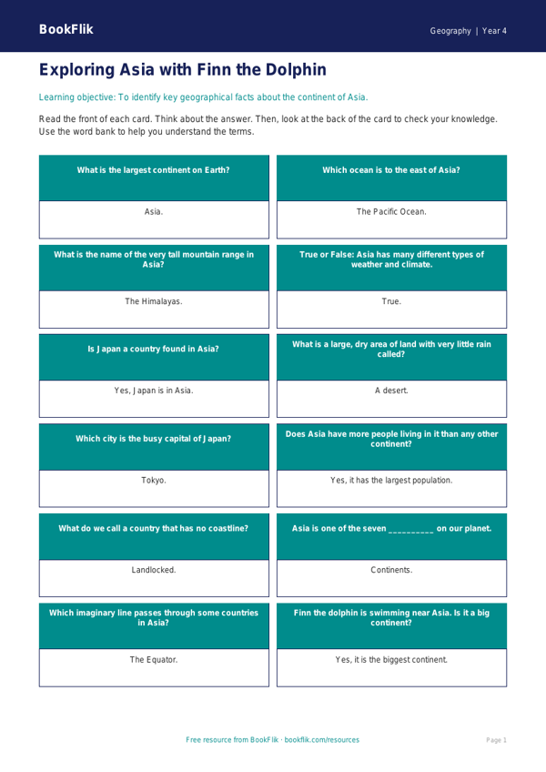 Free Asia Geography Flashcards | Year 4 Supported | BookFlik worksheet preview — Geography Asia