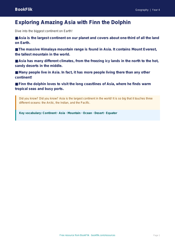 Free Asia Poster | Year 4 Supported | BookFlik worksheet preview — Geography Asia