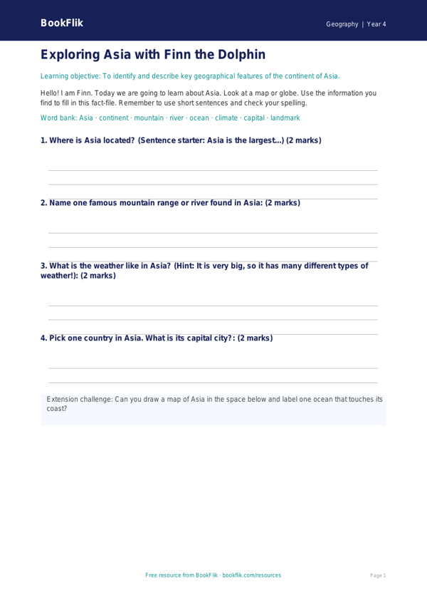Free Asia Template | Year 4 Supported | BookFlik worksheet preview — Geography Asia