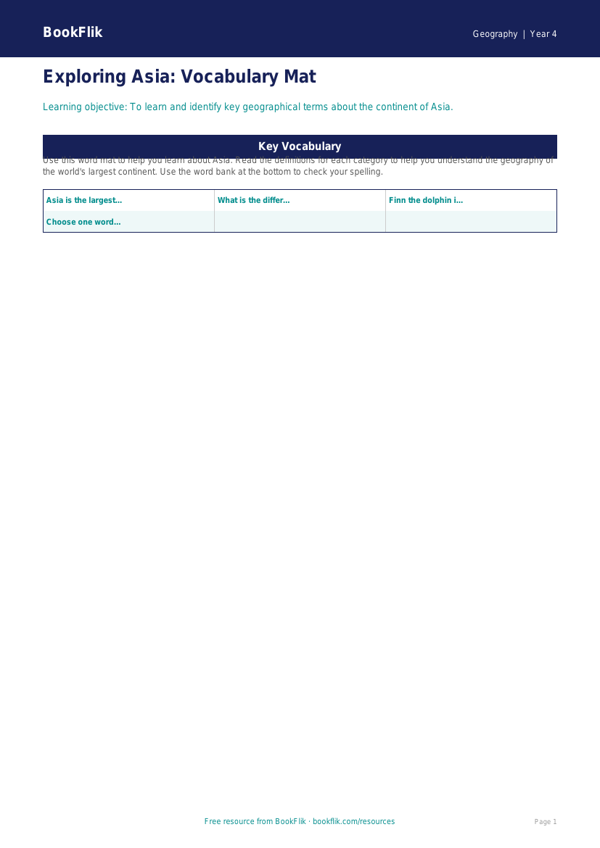 Free Asia Word Mat | Year 4 Supported | BookFlik worksheet preview — Geography Asia