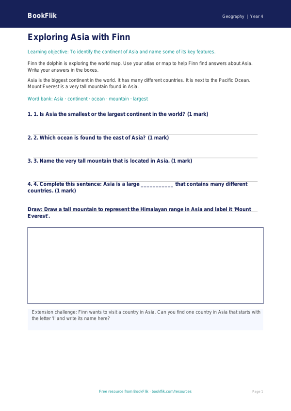Free Asia Worksheet | Year 4 Supported | BookFlik worksheet preview — Geography Asia
