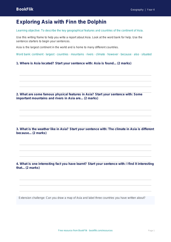 Free Asia Writing Frame | Year 4 Supported | BookFlik worksheet preview — Geography Asia