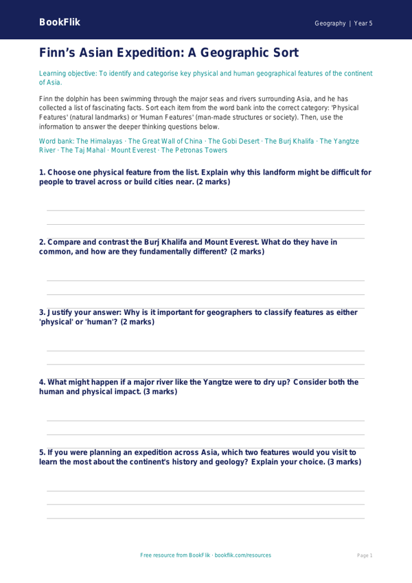 Free Asia Activity Sheet | Year 5 Greater Depth | BookFlik worksheet preview — Geography Asia