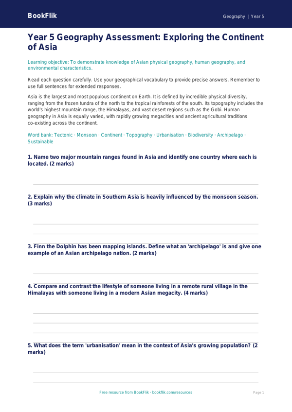 Free Asia Assessment | Year 5 Greater Depth | BookFlik worksheet preview — Geography Asia