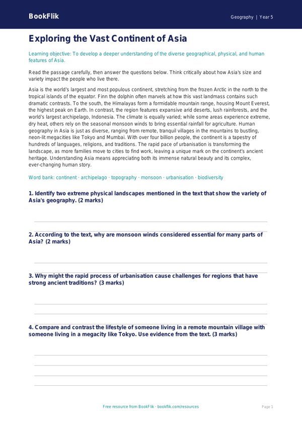 Free Asia Comprehension | Year 5 Greater Depth | BookFlik worksheet preview — Geography Asia