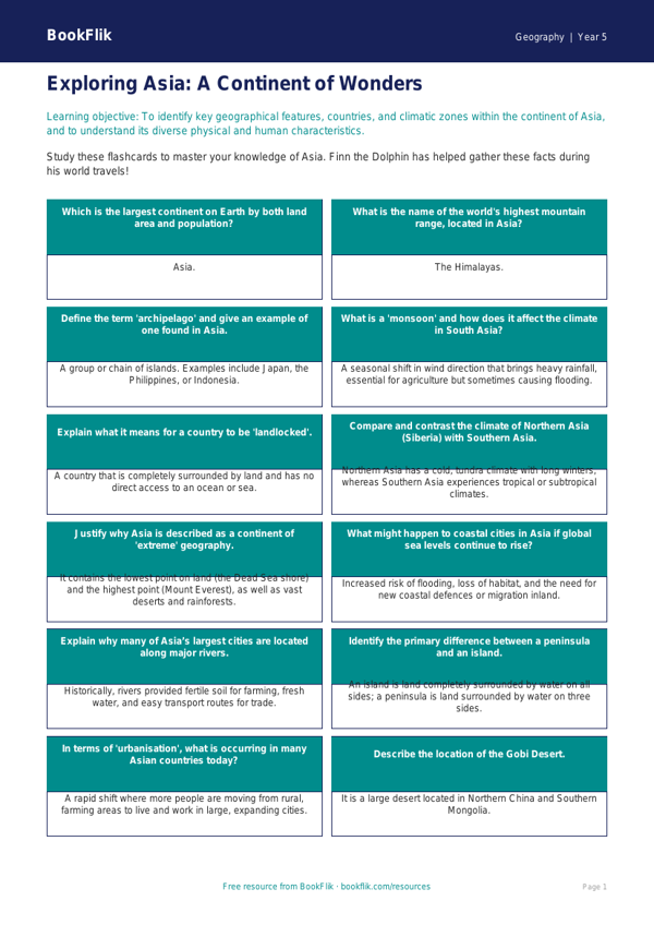Free Asia Flashcards | Year 5 Greater Depth | BookFlik worksheet preview — Geography Asia