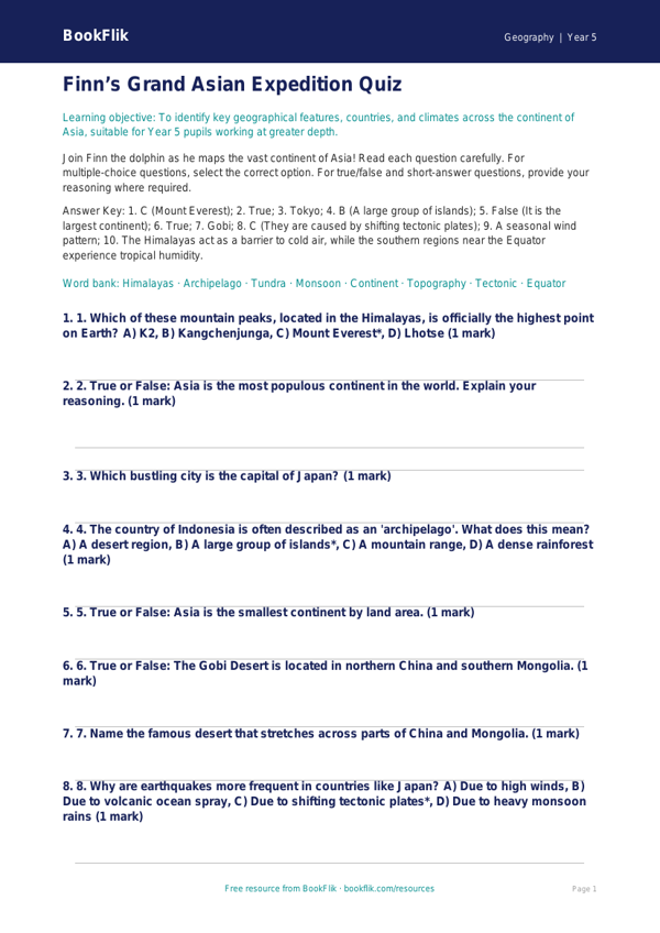 Free Asia Quiz | Year 5 Greater Depth | BookFlik worksheet preview — Geography Asia