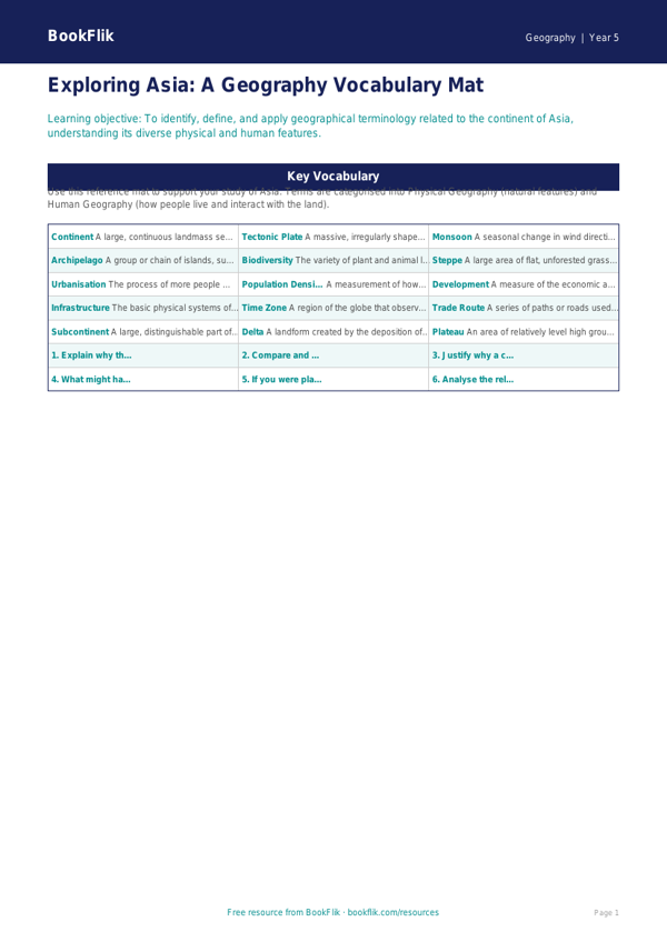 Free Asia Word Mat | Year 5 Greater Depth | BookFlik worksheet preview — Geography Asia