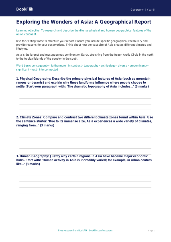 Free Asia Writing Frame | Year 5 Greater Depth | BookFlik worksheet preview — Geography Asia