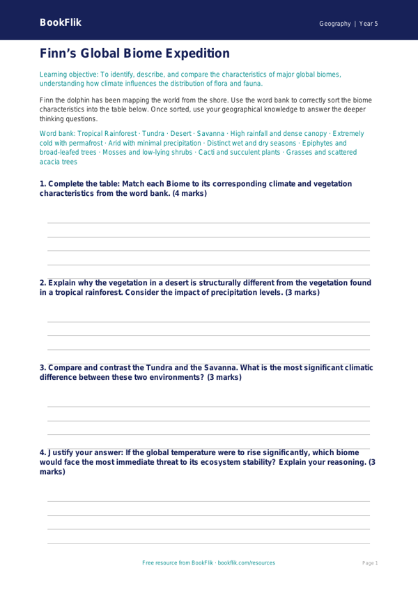 Free Biomes Activity Sheet | Year 5 Greater Depth | BookFlik worksheet preview — Geography Biomes