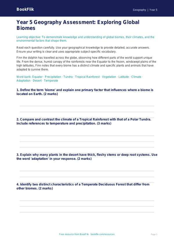 Free Biomes Assessment | Year 5 Greater Depth | BookFlik worksheet preview — Geography Biomes