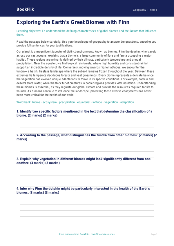 Free Biomes Comprehension | Year 5 Greater Depth | BookFlik worksheet preview — Geography Biomes