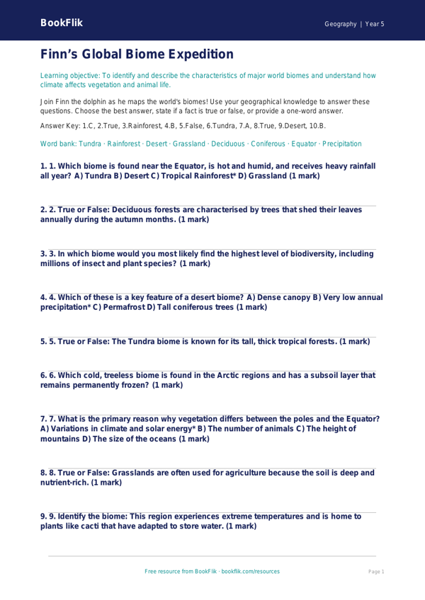 Free Biomes Quiz | Year 5 Greater Depth | BookFlik worksheet preview — Geography Biomes