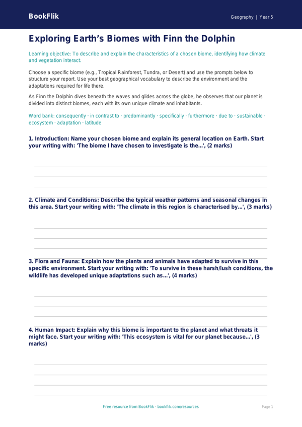 Free Biomes Writing Frame | Year 5 Greater Depth | BookFlik worksheet preview — Geography Biomes