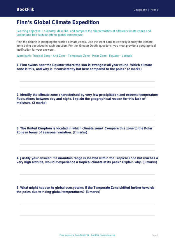 Free Climate Activity Sheet | Year 5 Greater Depth | BookFlik worksheet preview — Geography Climate