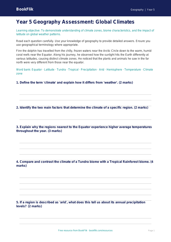 Free Climate Assessment | Year 5 Greater Depth | BookFlik worksheet preview — Geography Climate