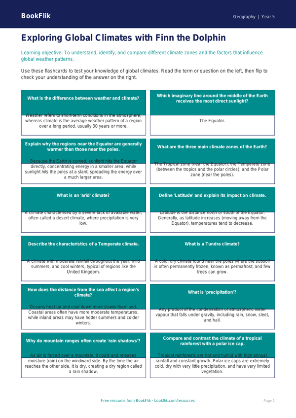 Free Climate Flashcards | Year 5 Greater Depth | BookFlik worksheet preview — Geography Climate