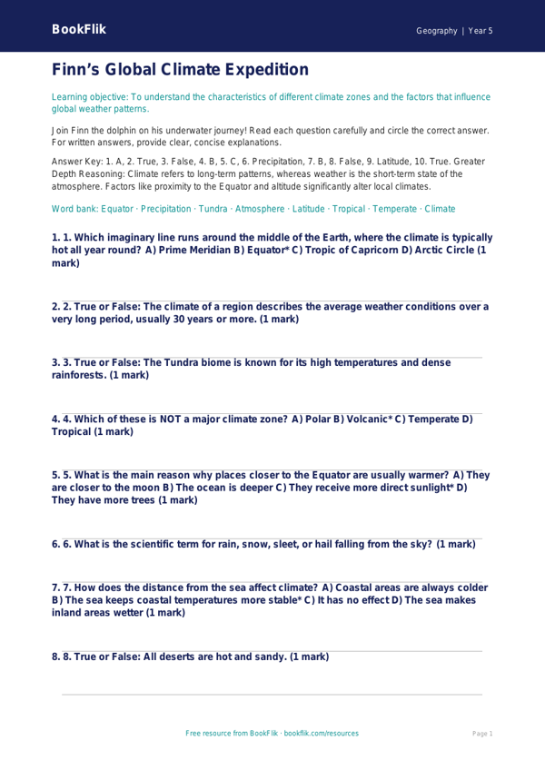 Free Climate Quiz | Year 5 Greater Depth | BookFlik worksheet preview — Geography Climate