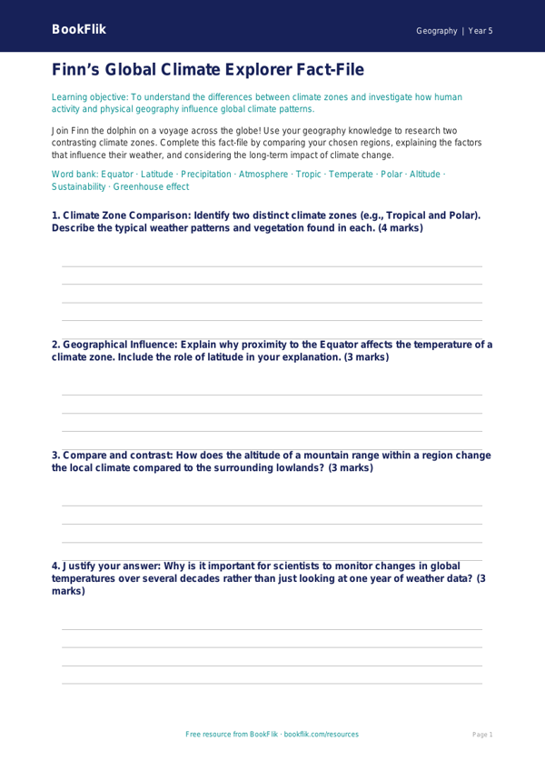 Free Climate Template | Year 5 Greater Depth | BookFlik worksheet preview — Geography Climate