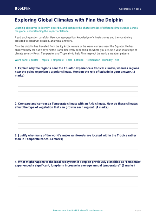 Free Climate Worksheet | Year 5 Greater Depth | BookFlik worksheet preview — Geography Climate