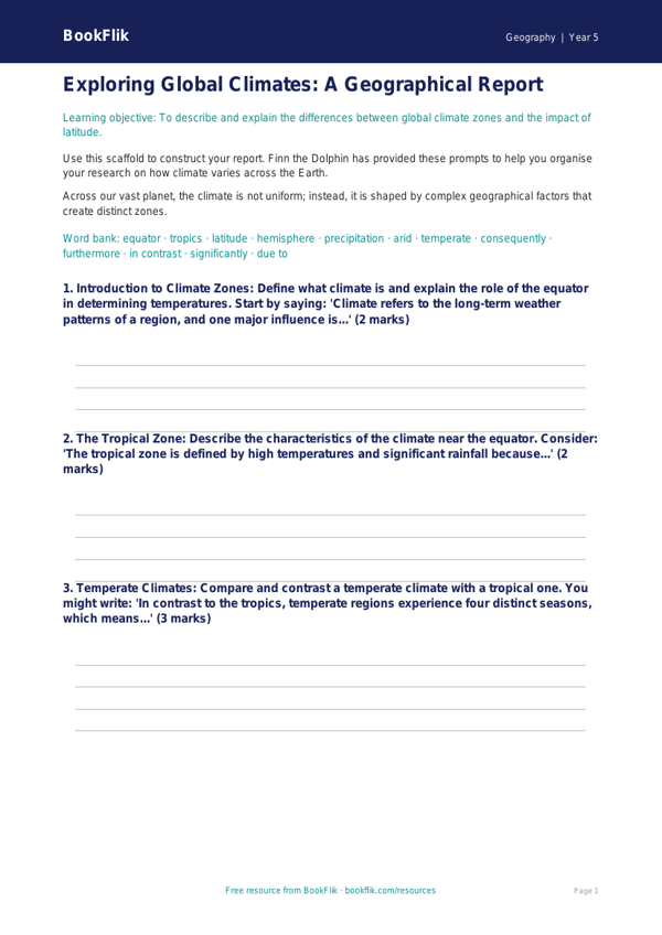 Free Climate Writing Frame | Year 5 Greater Depth | BookFlik worksheet preview — Geography Climate