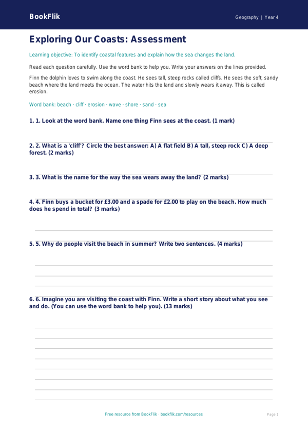 Free Coasts Assessment | Year 4 Supported | BookFlik worksheet preview — Geography Coasts