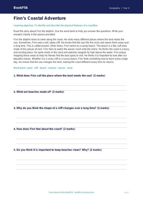 Free Coasts Comprehension | Year 4 Supported | BookFlik worksheet preview — Geography Coasts