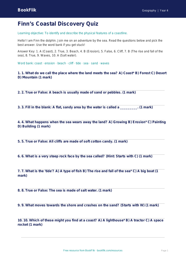 Free Coasts Quiz | Year 4 Supported | BookFlik worksheet preview — Geography Coasts