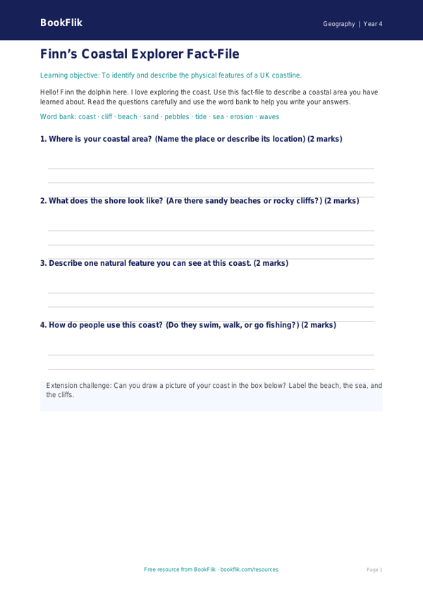 Free Coasts Template | Year 4 Supported | BookFlik worksheet preview — Geography Coasts