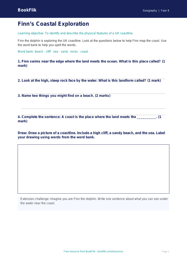 Free Coasts Worksheet | Year 4 Geography | BookFlik worksheet preview — Geography Coasts