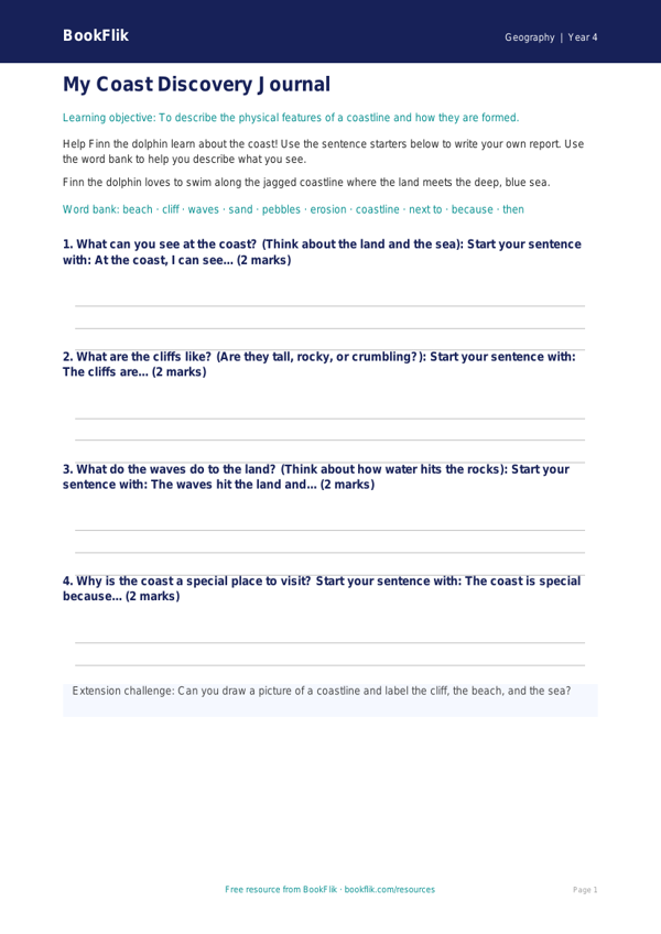 Free Coasts Writing Frame | Year 4 Supported | BookFlik worksheet preview — Geography Coasts