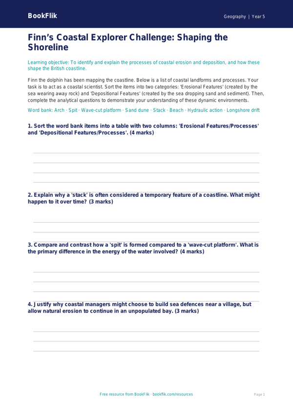 Free Coasts Activity Sheet | Year 5 Greater Depth | BookFlik worksheet preview — Geography Coasts