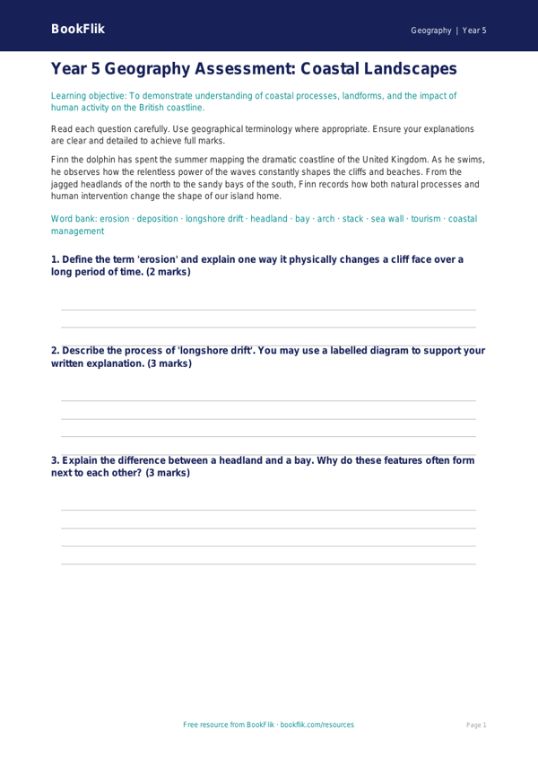 Free Coasts Assessment | Year 5 Greater Depth | BookFlik worksheet preview — Geography Coasts