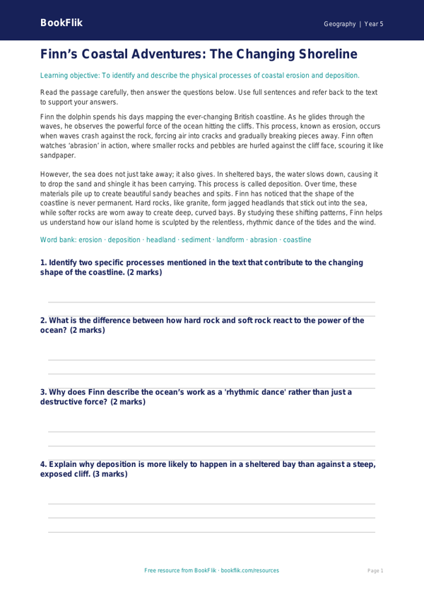 Free Coasts Comprehension | Year 5 Greater Depth | BookFlik worksheet preview — Geography Coasts
