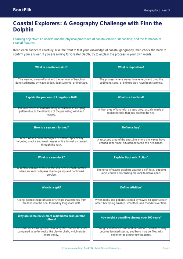 Free Coasts Flashcards | Year 5 Greater Depth | BookFlik worksheet preview — Geography Coasts