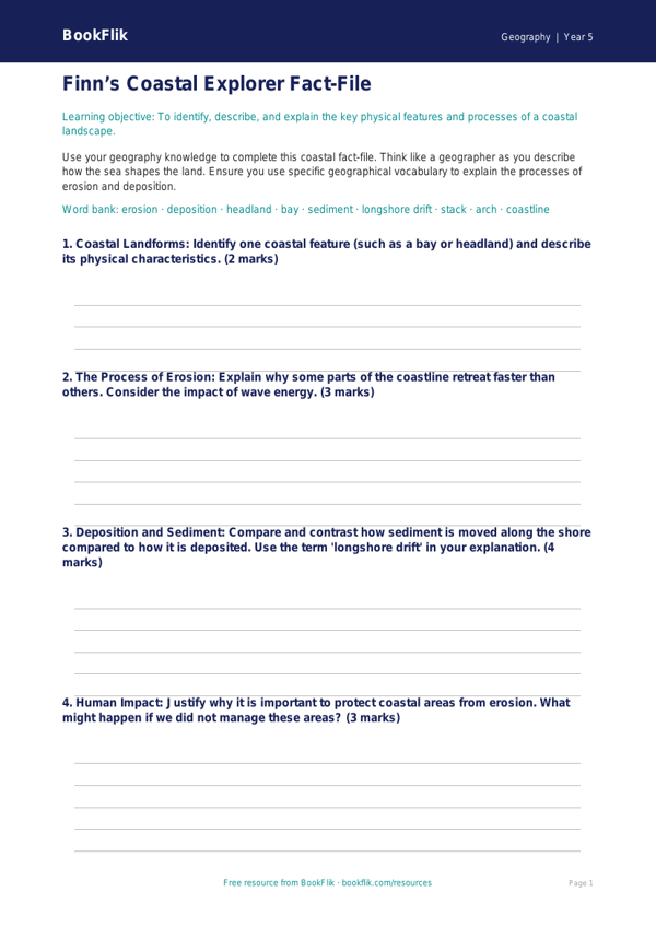 Free Coasts Template | Year 5 Greater Depth | BookFlik worksheet preview — Geography Coasts
