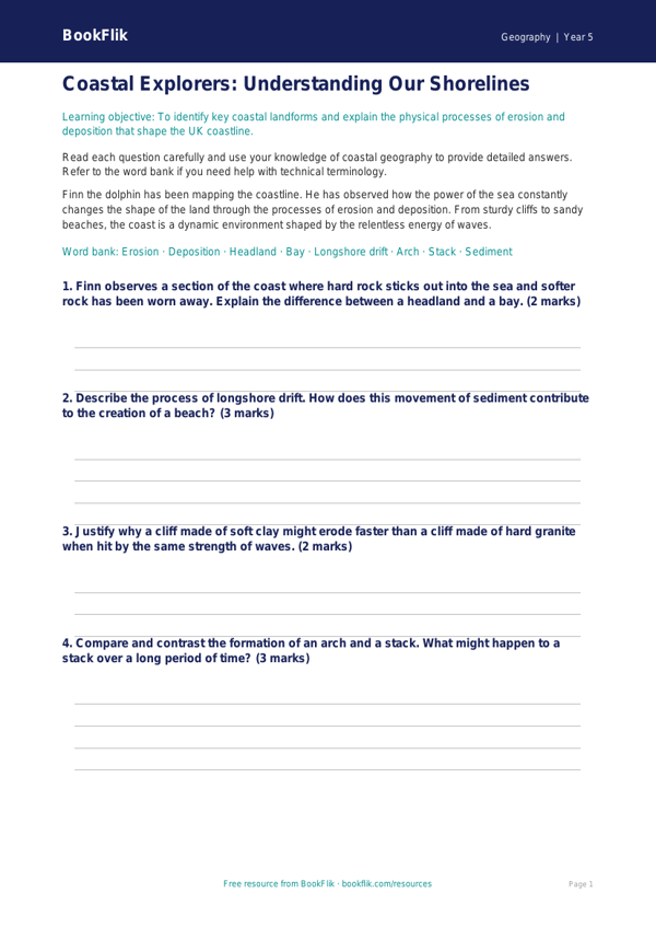 Free Coasts Worksheet | Year 5 Greater Depth | BookFlik worksheet preview — Geography Coasts