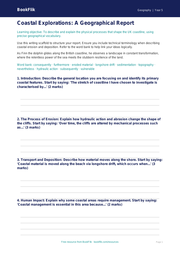 Free Coasts Writing Frame | Year 5 Greater Depth | BookFlik worksheet preview — Geography Coasts