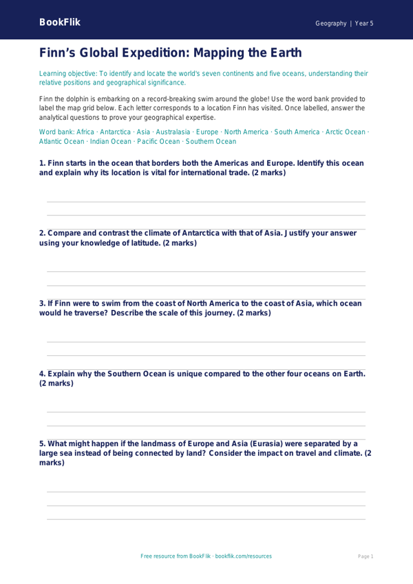 Free Continents And Oceans Activity Sheet | Year 5 Greater Depth | BookFlik worksheet preview — Geography Continents And Oceans