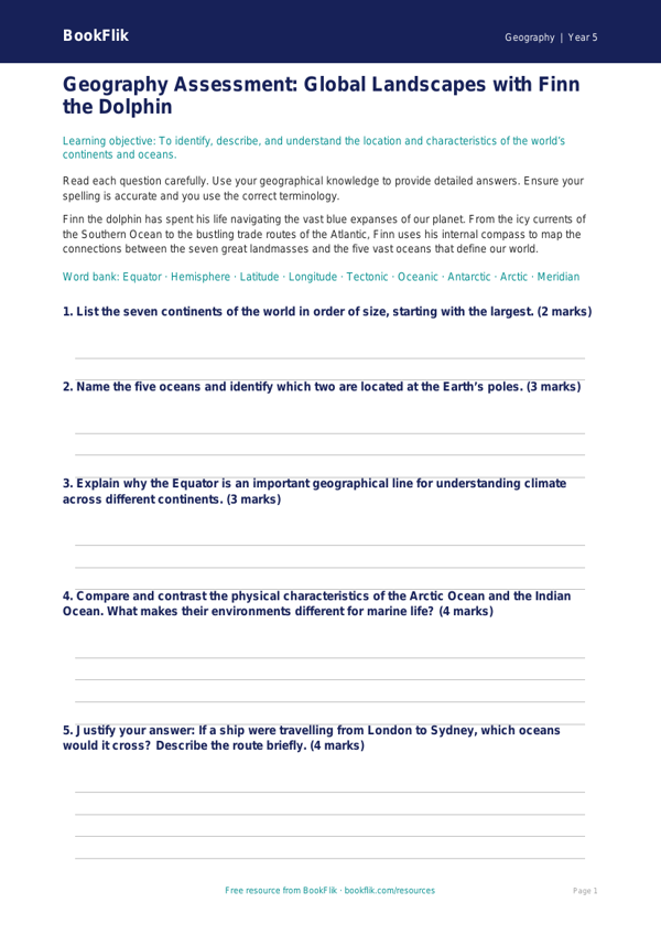 Free Continents And Oceans Assessment | Year 5 Greater Depth | BookFlik worksheet preview — Geography Continents And Oceans