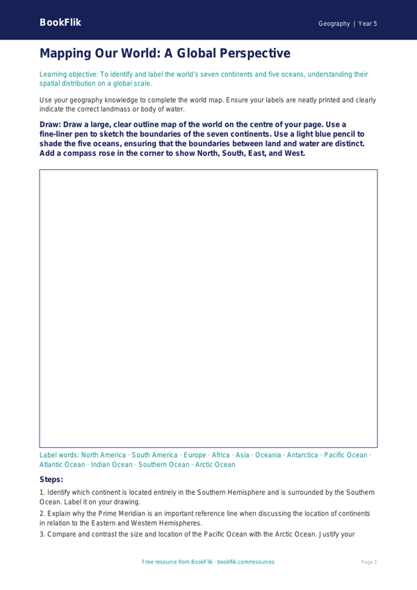 Free Continents And Oceans Drawing Sheet | Year 5 Greater Depth | BookFlik worksheet preview — Geography Continents And Oceans