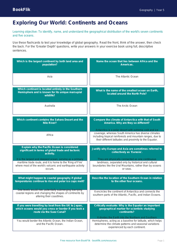 Free Continents And Oceans Flashcards | Year 5 Greater Depth | BookFlik worksheet preview — Geography Continents And Oceans