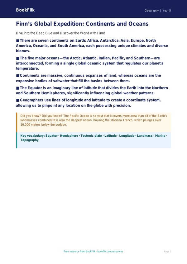 Free Continents And Oceans Poster | Year 5 Greater Depth | BookFlik worksheet preview — Geography Continents And Oceans