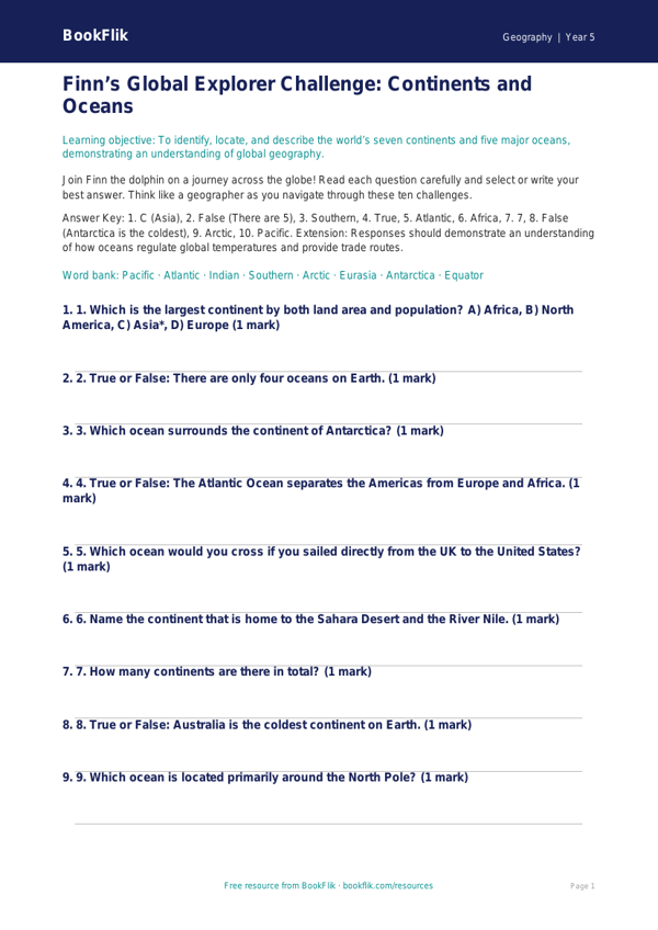 Free Continents And Oceans Quiz | Year 5 Greater Depth | BookFlik worksheet preview — Geography Continents And Oceans